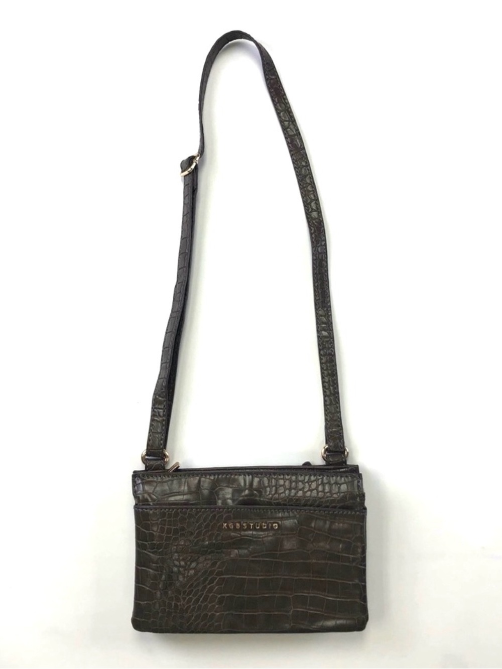 KGB brown croc multi-pocket gusseted zip top cross body purse